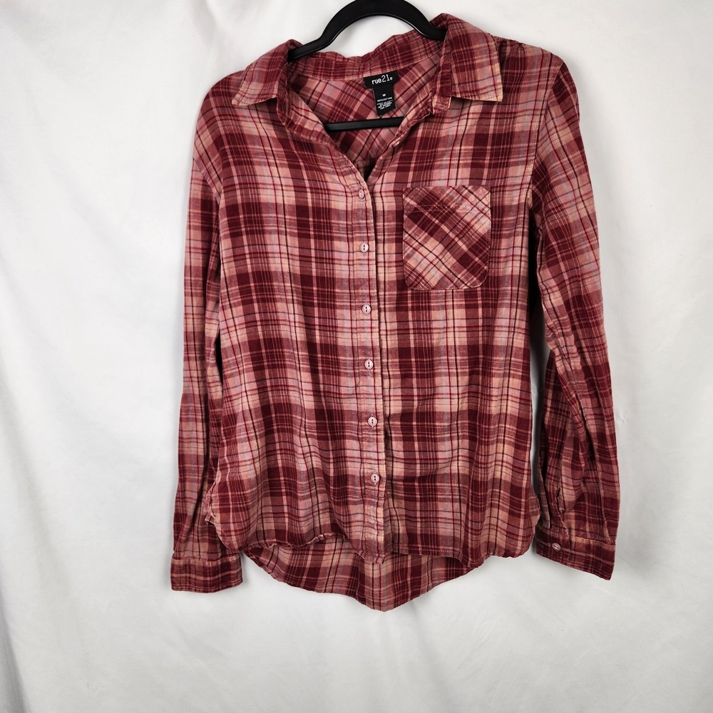 Rue 21 Womens‎ Long Sleeve Shirt Pink Plaid Button Up Size Medium